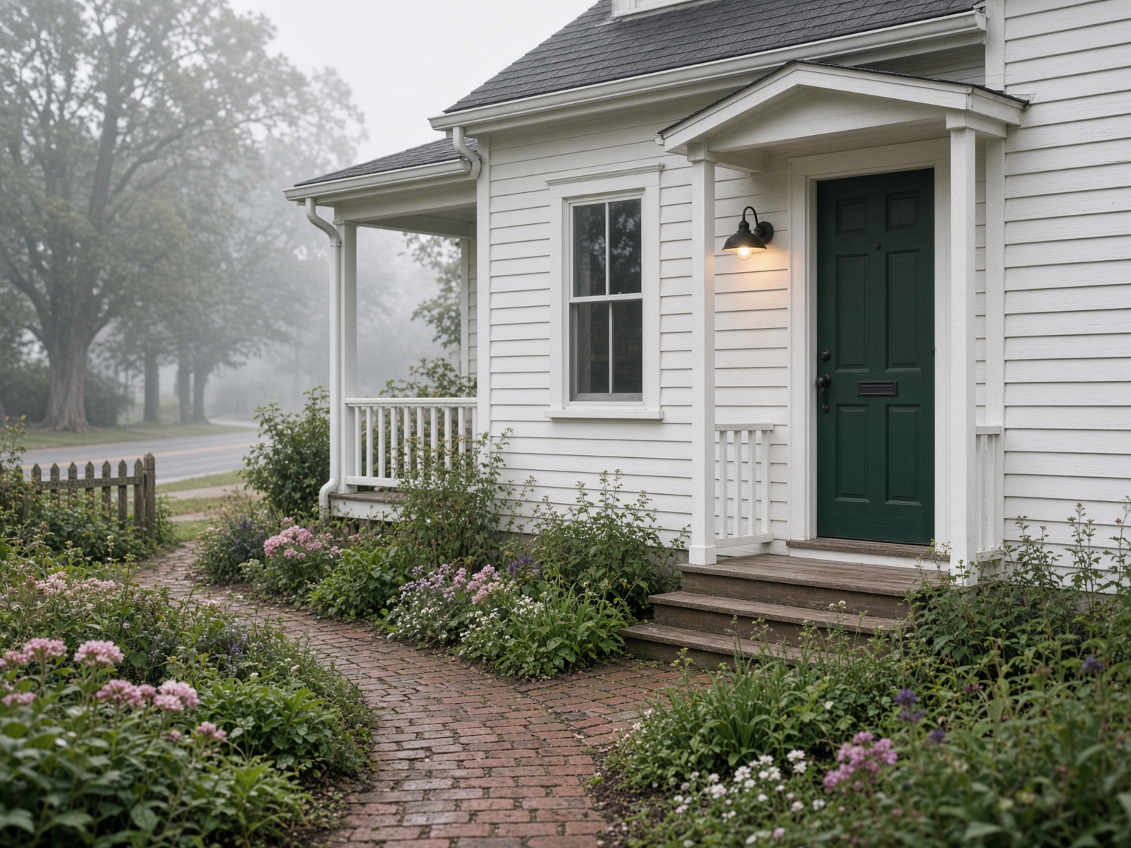 White clapboard cottage with a forest-green door
