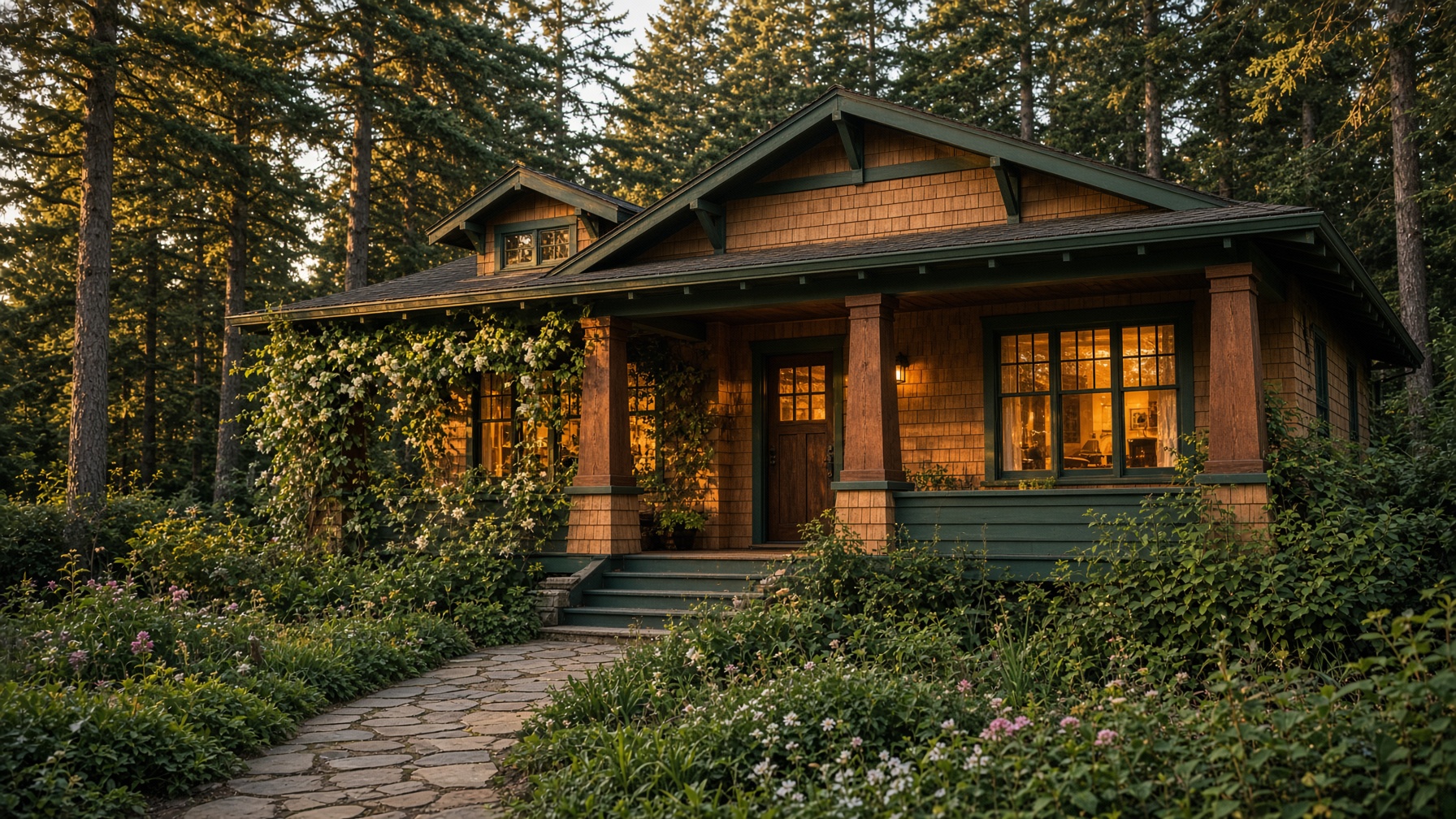 Craftsman bungalow with a deep porch and warm windows at dusk