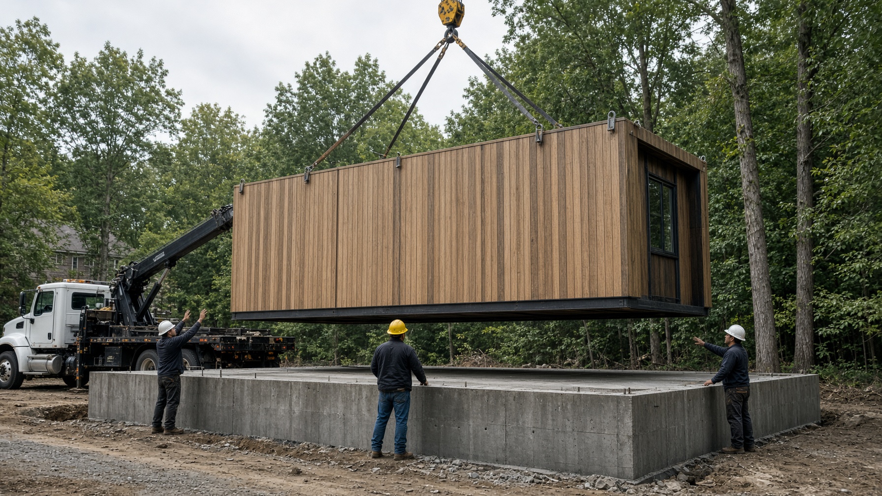 Crew setting a modular home onto a foundation