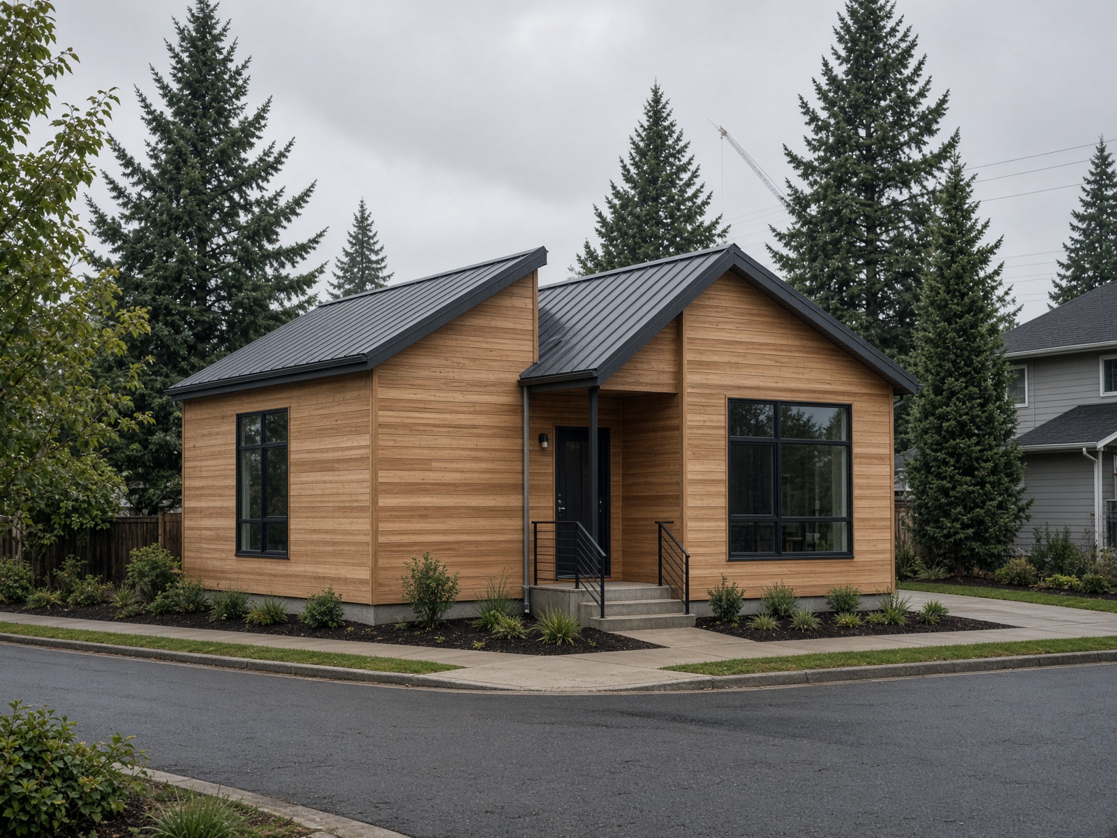 Wood-clad modular home with a metal roof on a neighborhood lot