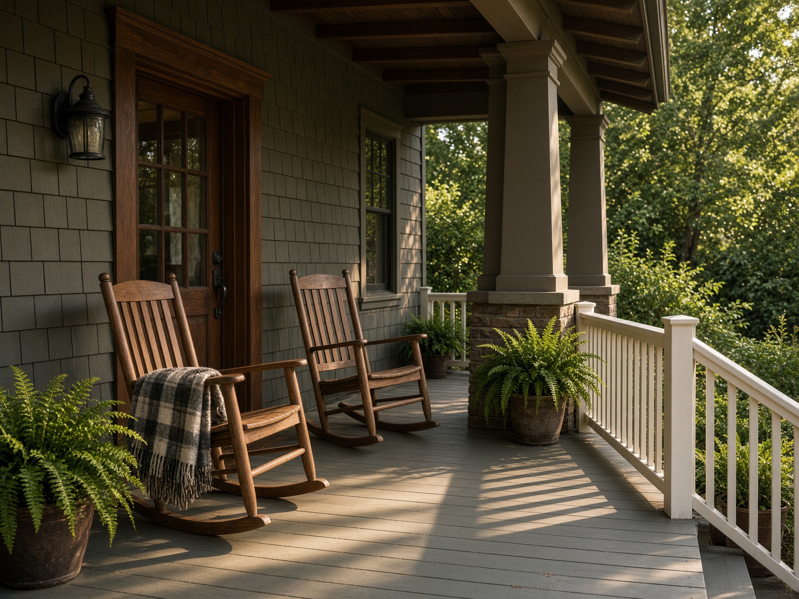 Empty craftsman porch with two rocking chairs