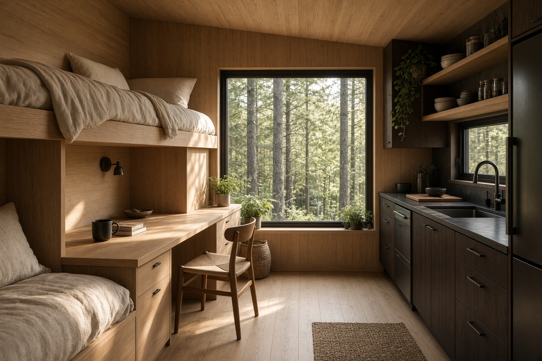 Tiny home interior with built-in oak desk and a kitchen along the window