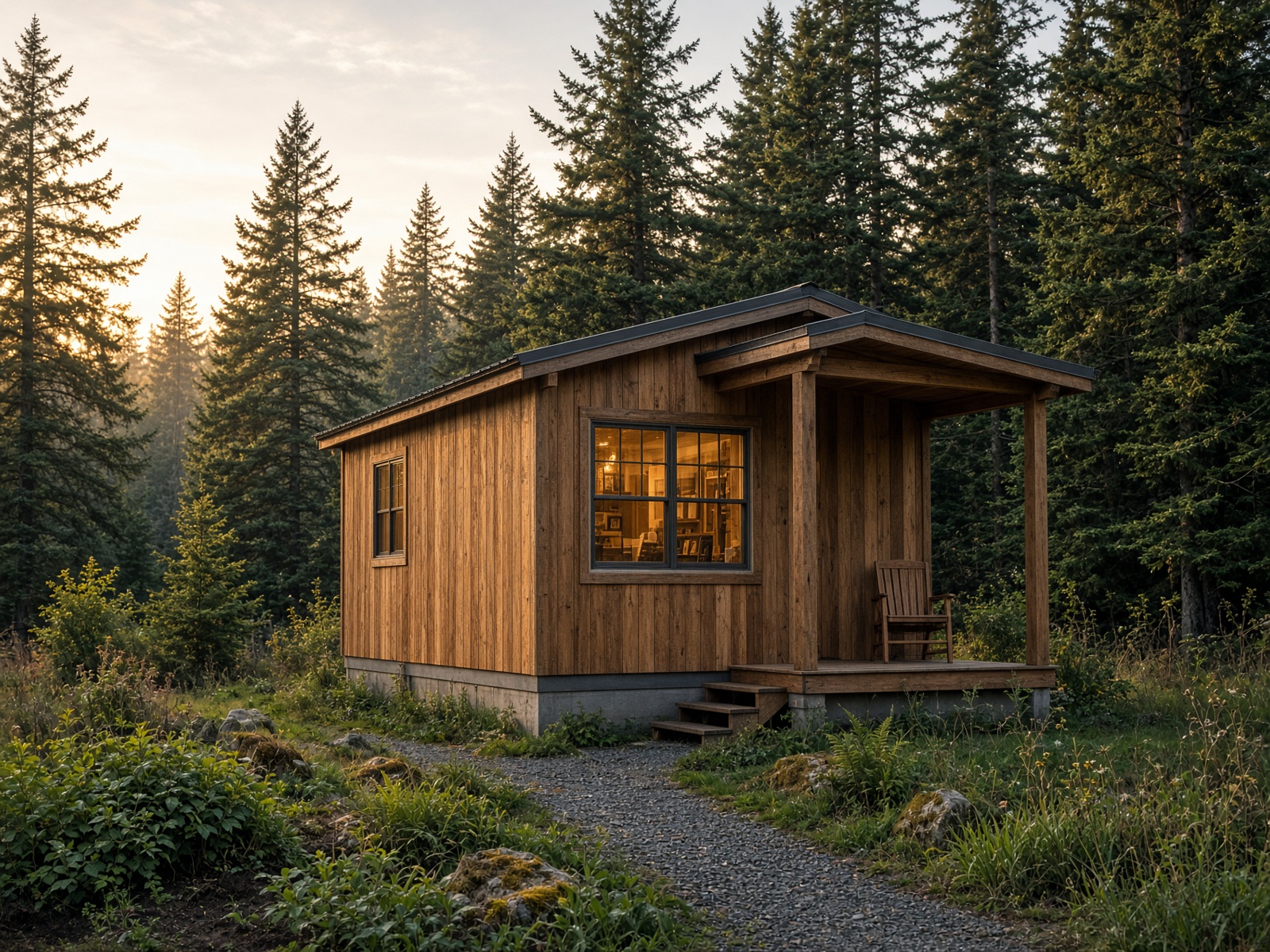 Cedar tiny home with a covered porch and warm window light at dusk